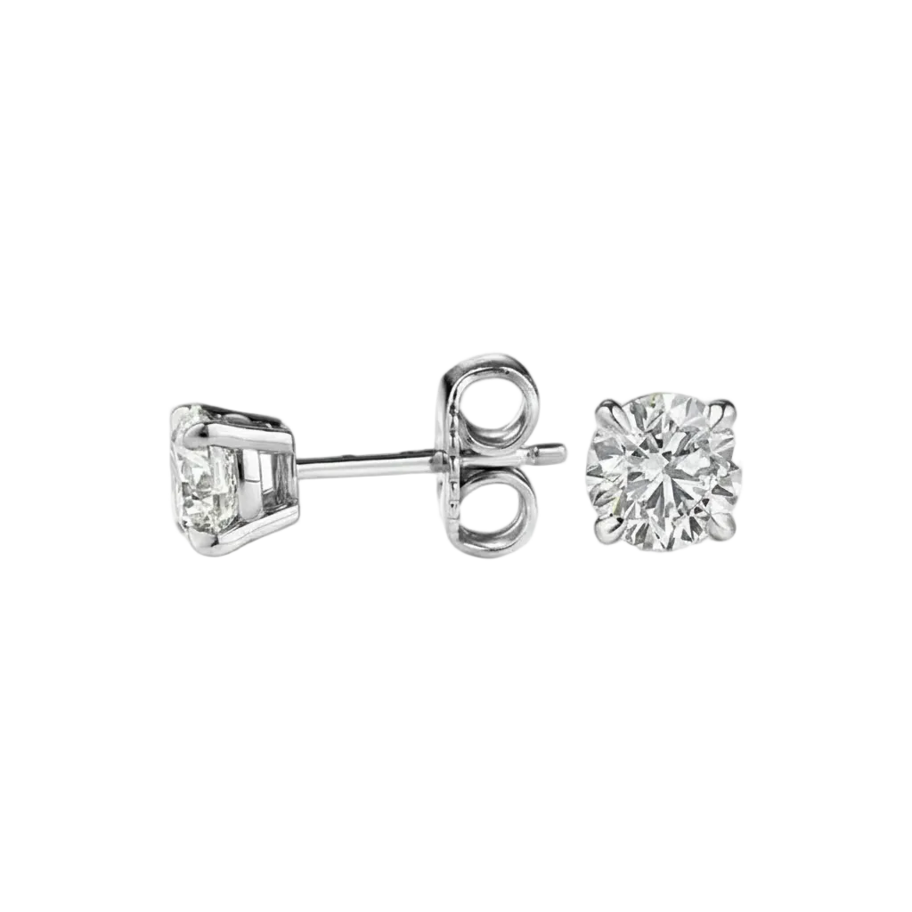 alt="side view of lab grown round cut diamond four prong stud earring with push back setting in 14K white gold"