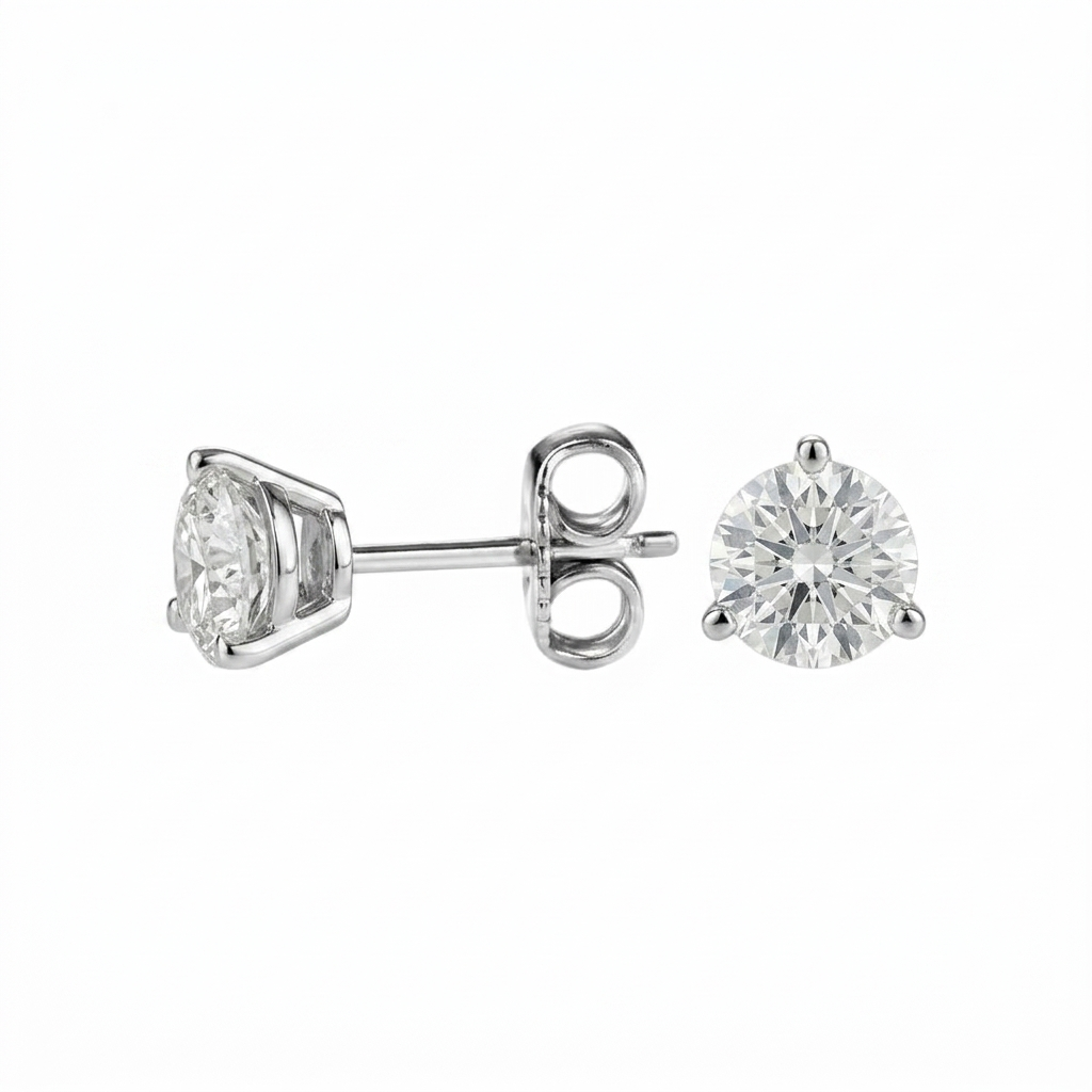 alt="side view of lab grown round cut diamond three prong stud earring in 14K white gold"