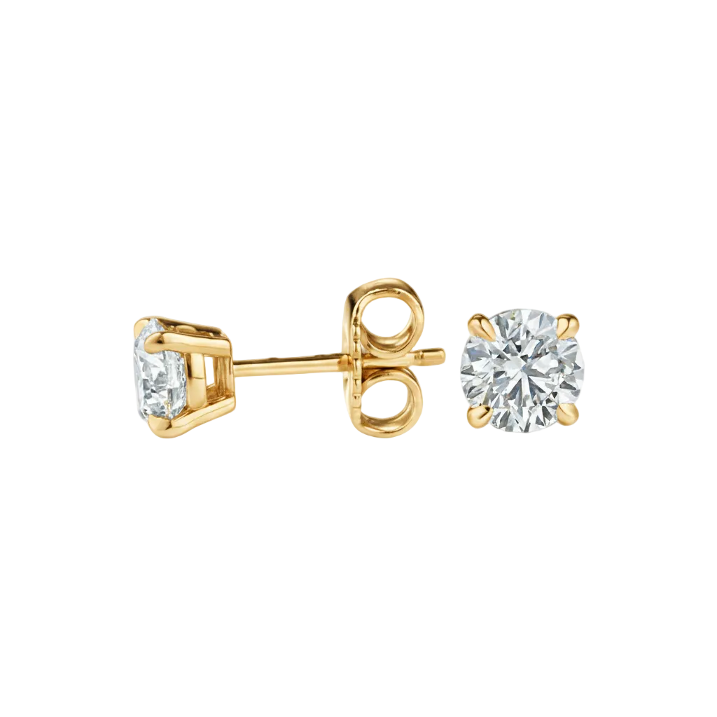 alt="side view of lab grown round cut diamond four prong stud earring with push back setting in 14K yellow gold"