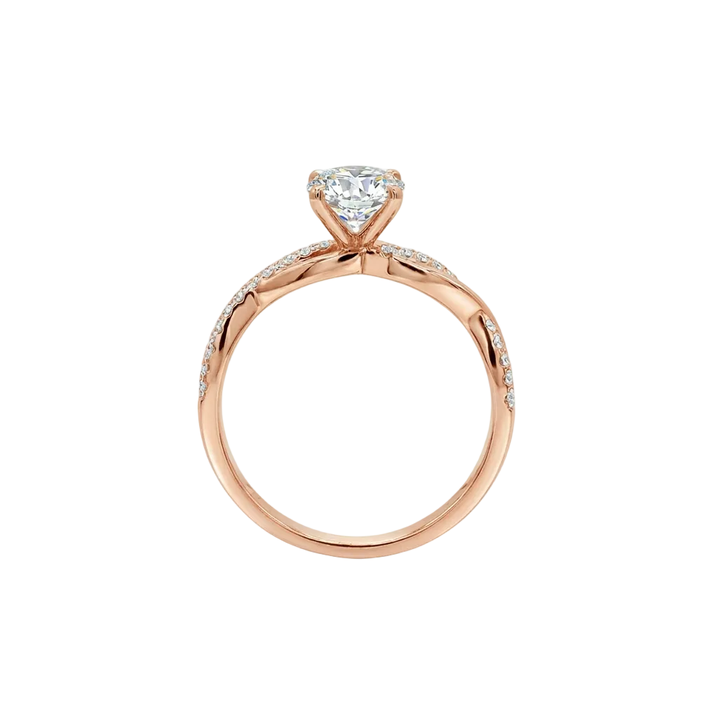 alt="standing view lab grown diamond twisted accent band ring 14k rose gold”