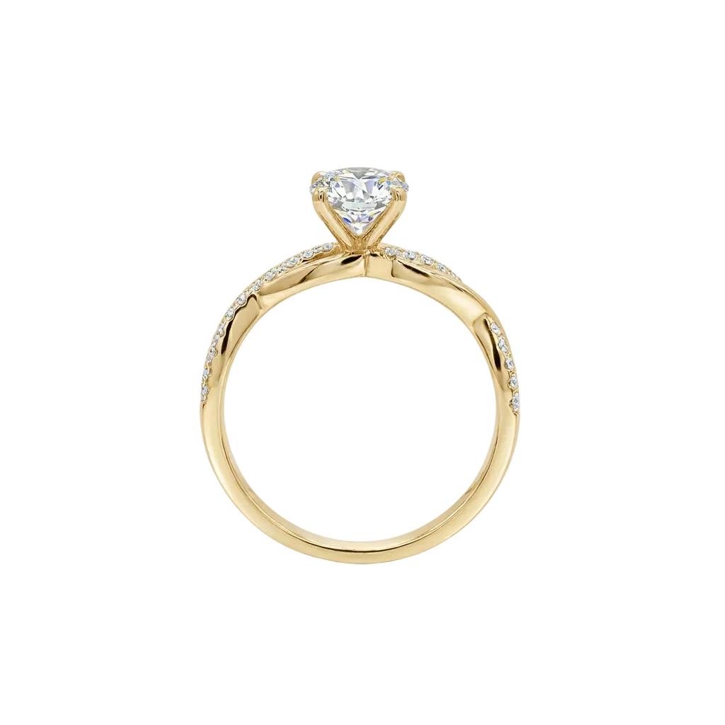 alt="standing view lab grown diamond twisted accent band ring 14k yellow gold”